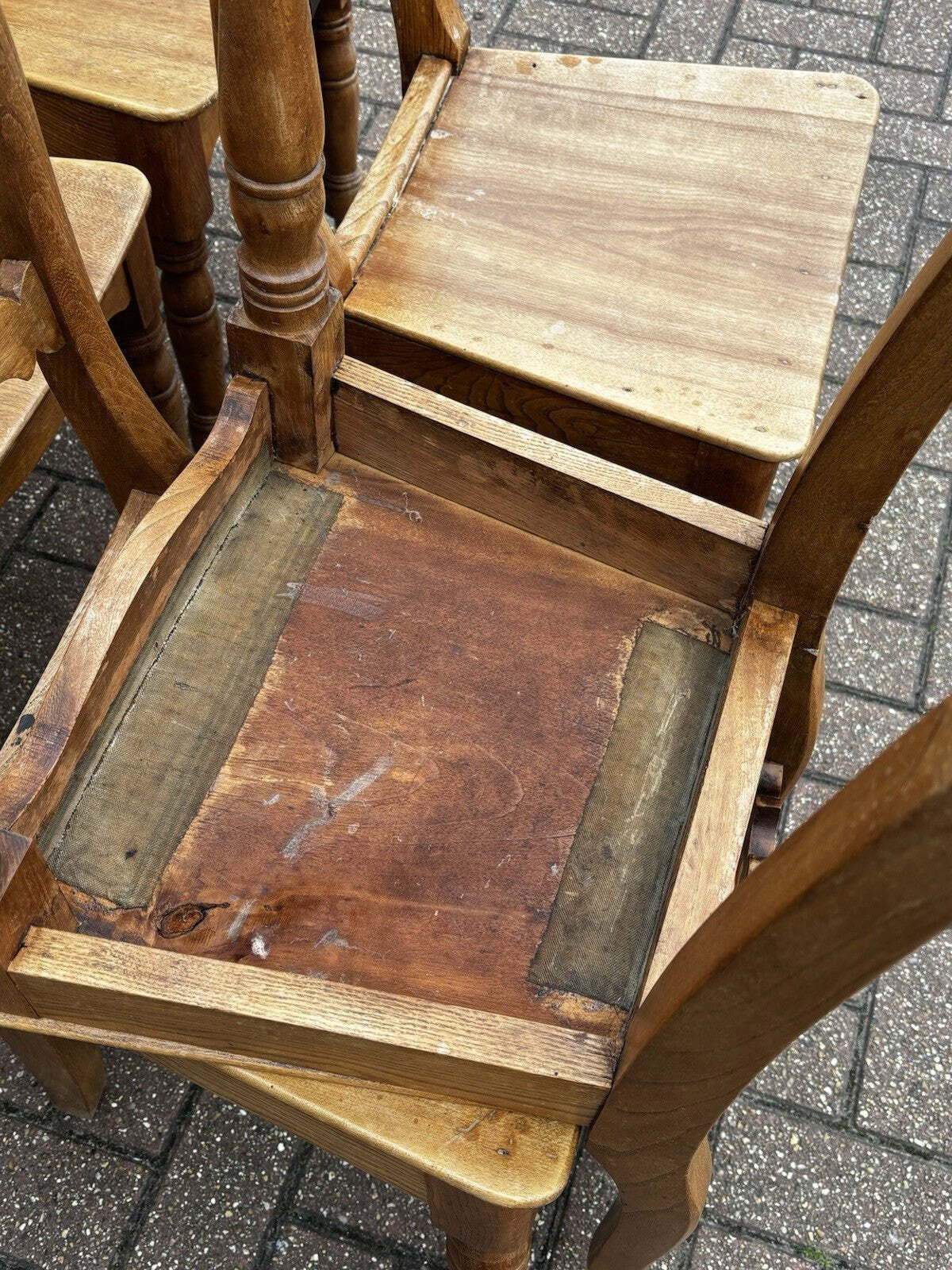 Vintage Victorian Set Of Pine Kitchen Chairs.