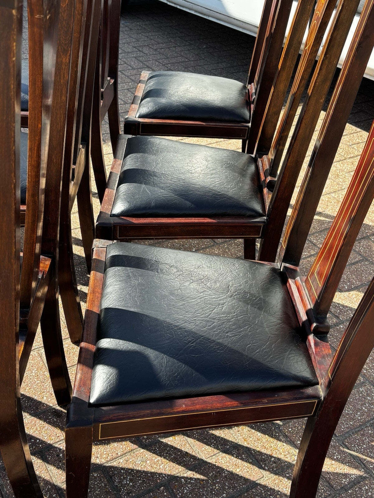 Set of 8 Art Noveau Marquetry Inlaid Mahogany Dining Chairs, New Upholstery.