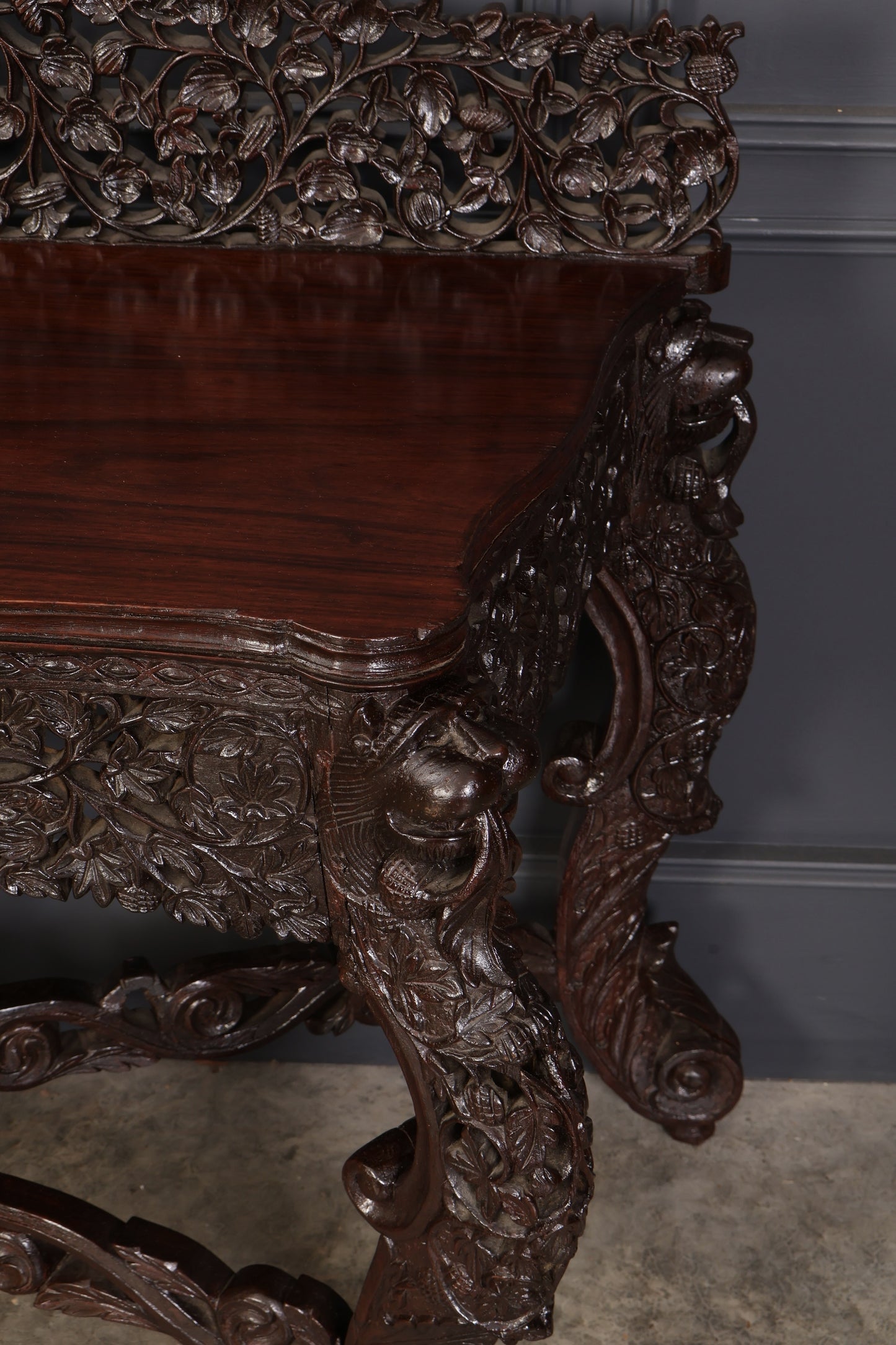 Antique Gothic Burmese Carved Padauk Wood Side Table