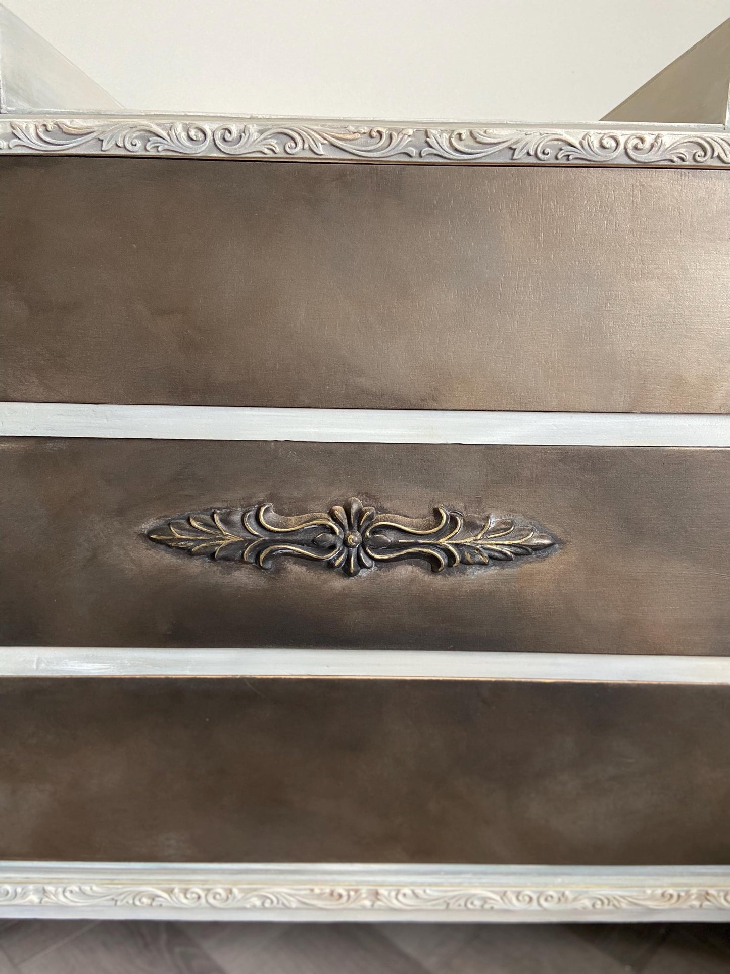 Mid Century Hand Painted Low Chest of Drawers: Bronze Glaze