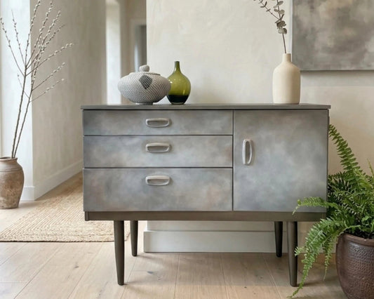 Mid Century Sideboard Hand Painted. Faux Concrete Cabinet, Upcycled Media Console