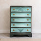Dark Green, Blue & Metallic Vintage Chest of Drawers, Bow Fronted Mahogany