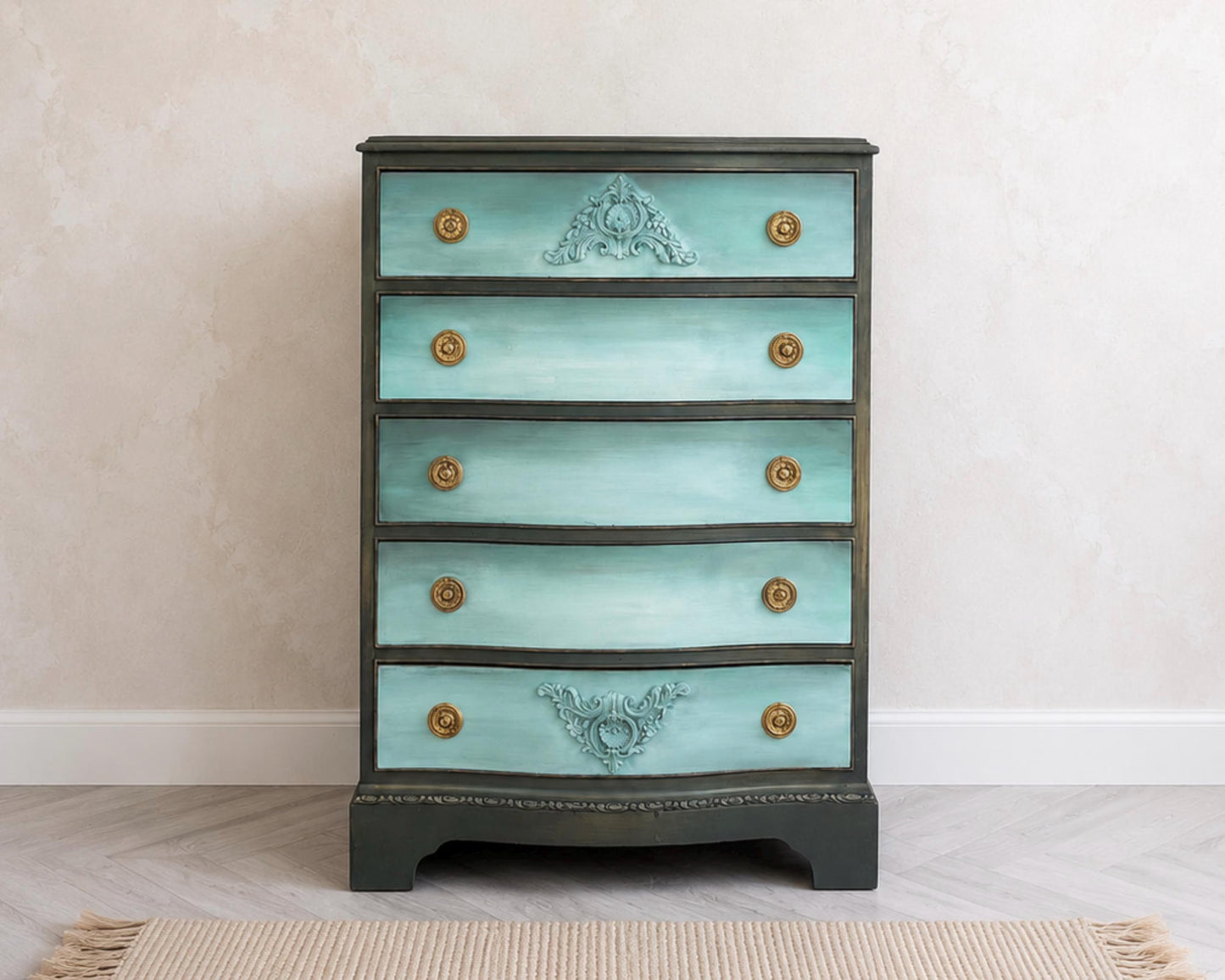 Dark Green, Blue & Metallic Vintage Chest of Drawers, Bow Fronted Mahogany