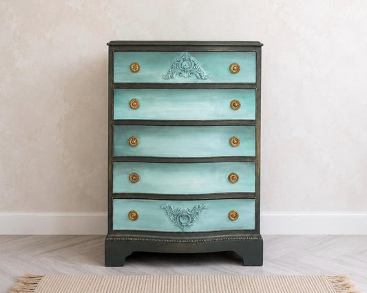 Dark Green, Blue & Metallic Vintage Chest of Drawers, Bow Fronted Mahogany
