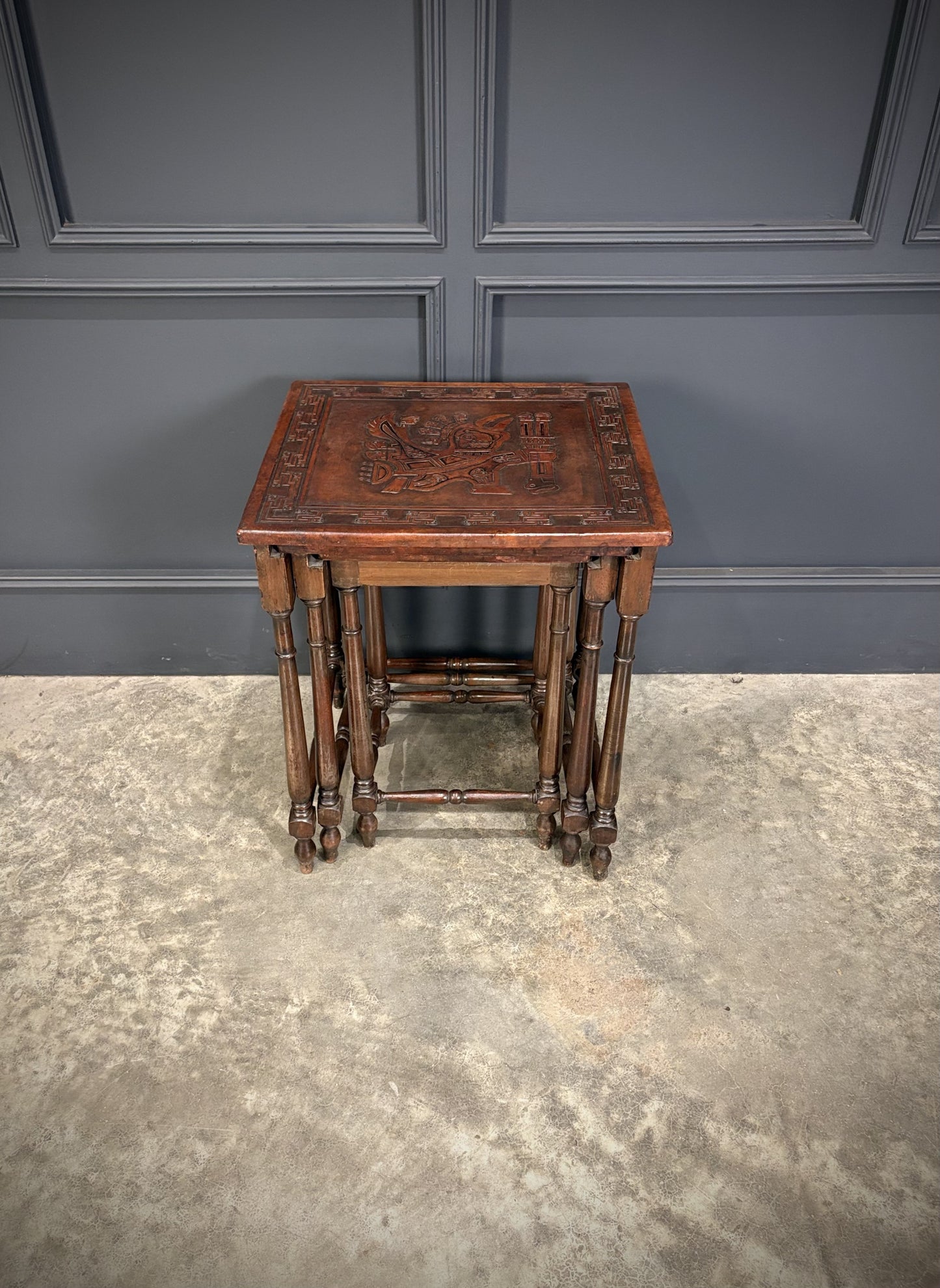 Nest Of Three Embossed Carved Leather Top Tables