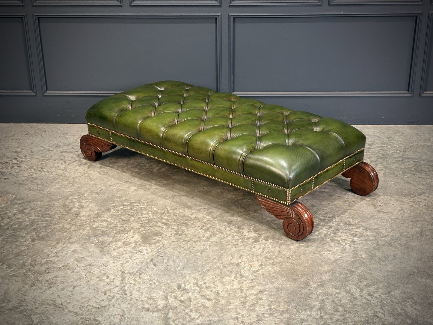 Vintage Regency Green Buttoned Leather Footstool