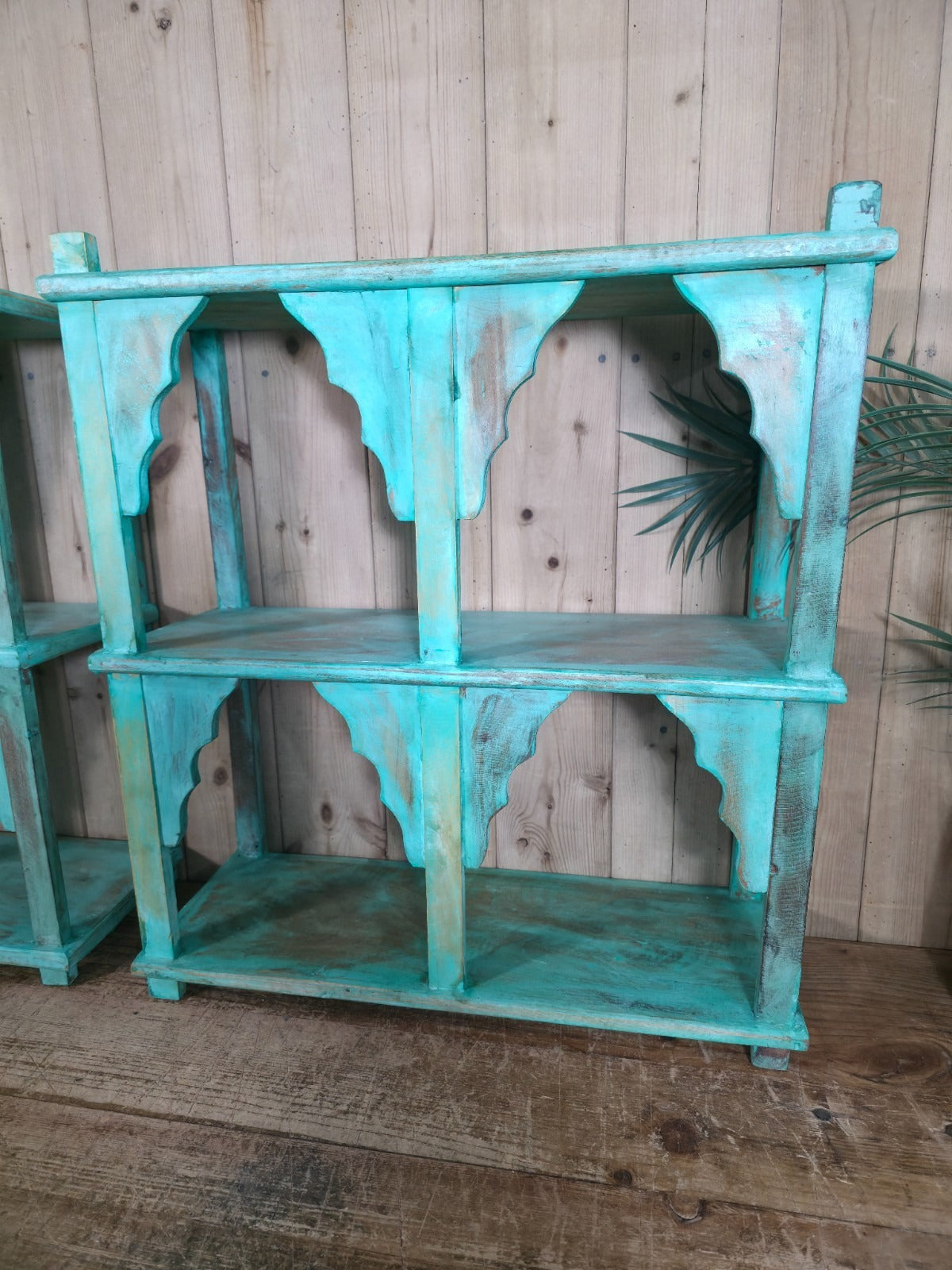 Blue Vintage Reclaimed Solid Wooded Arched Temple Wall Display Shelf Shelves