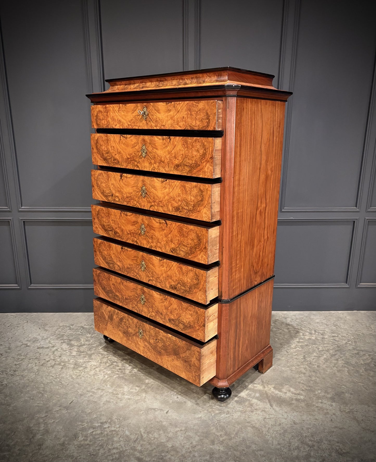 19th Century Walnut Tall Boy Art Deco Chest Of Drawers