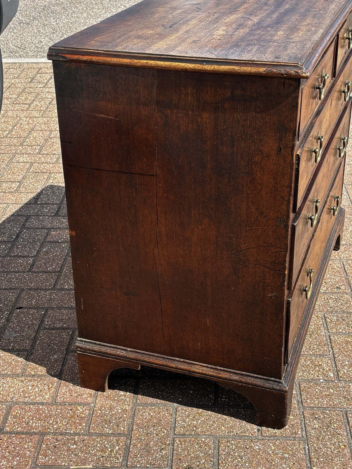 Vintage Georgian Mahogany Chest Of Drawers. Brass Handles, Bracket Feet.