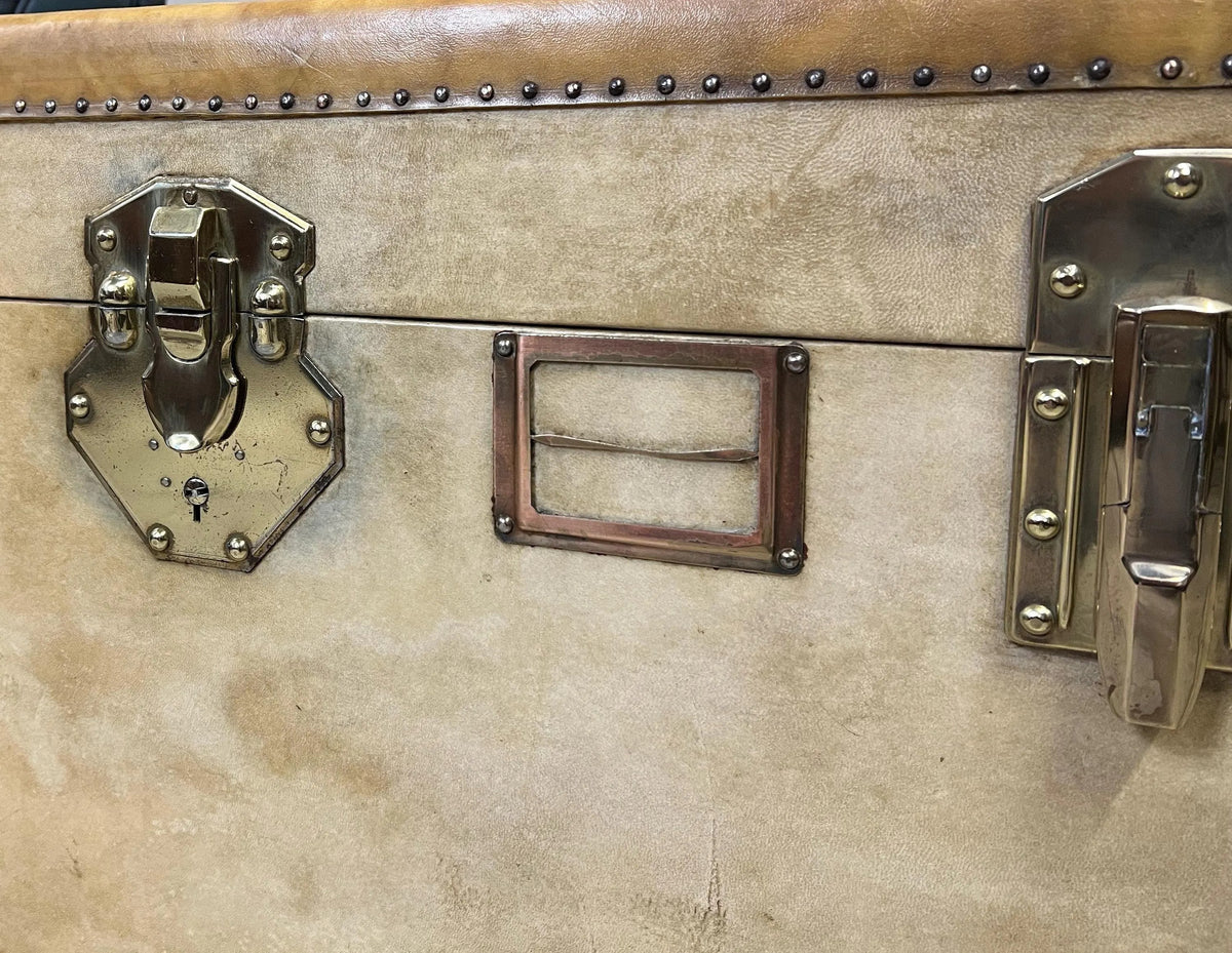 Vintage Vellum Steamer Trunk, 1920s Brass Bound Chest Ottoman