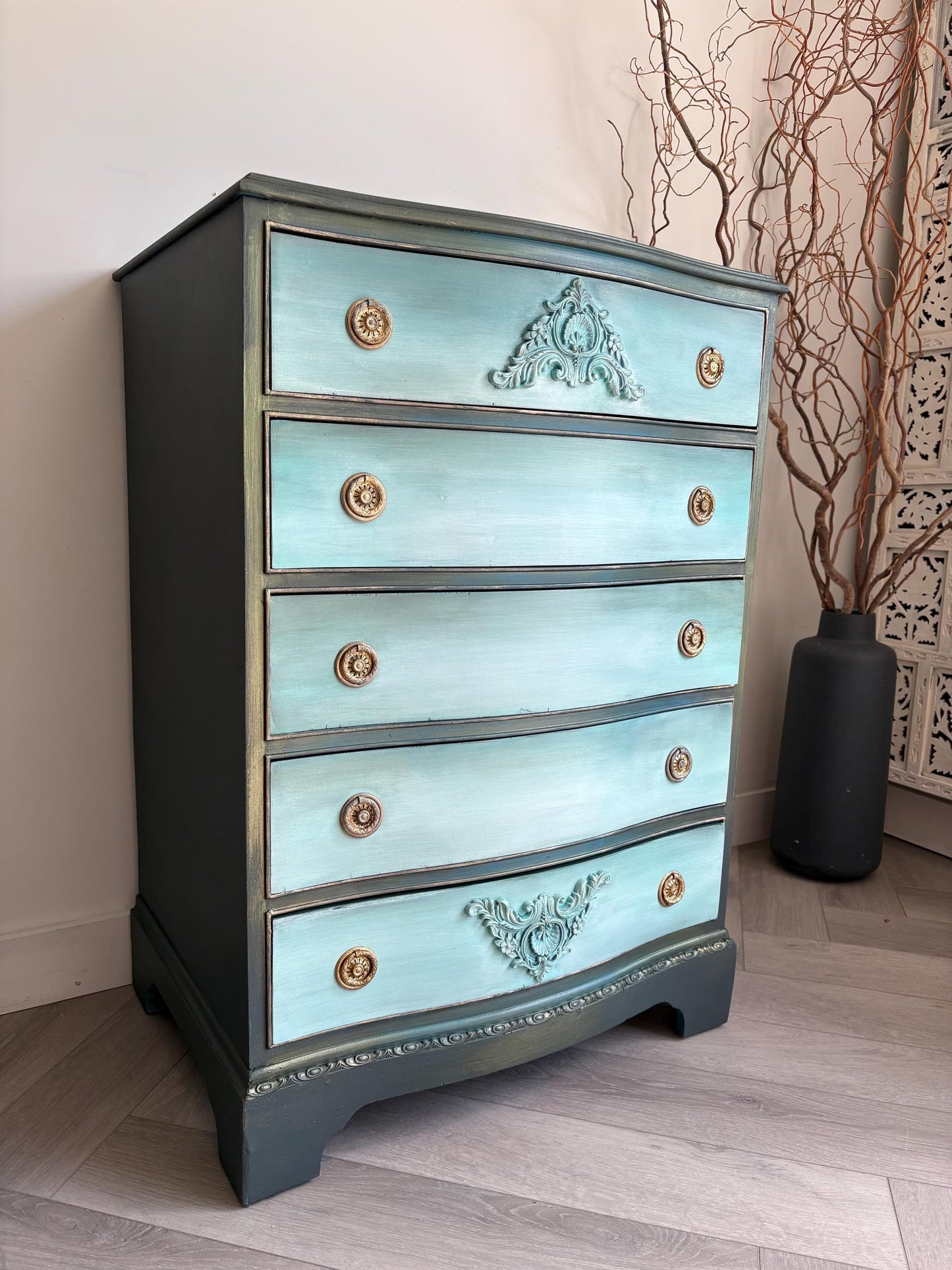 Dark Green, Blue & Metallic Vintage Chest of Drawers, Bow Fronted Mahogany