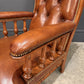 Pair Of Oak & Buttoned Vintage Leather Library Armchairs