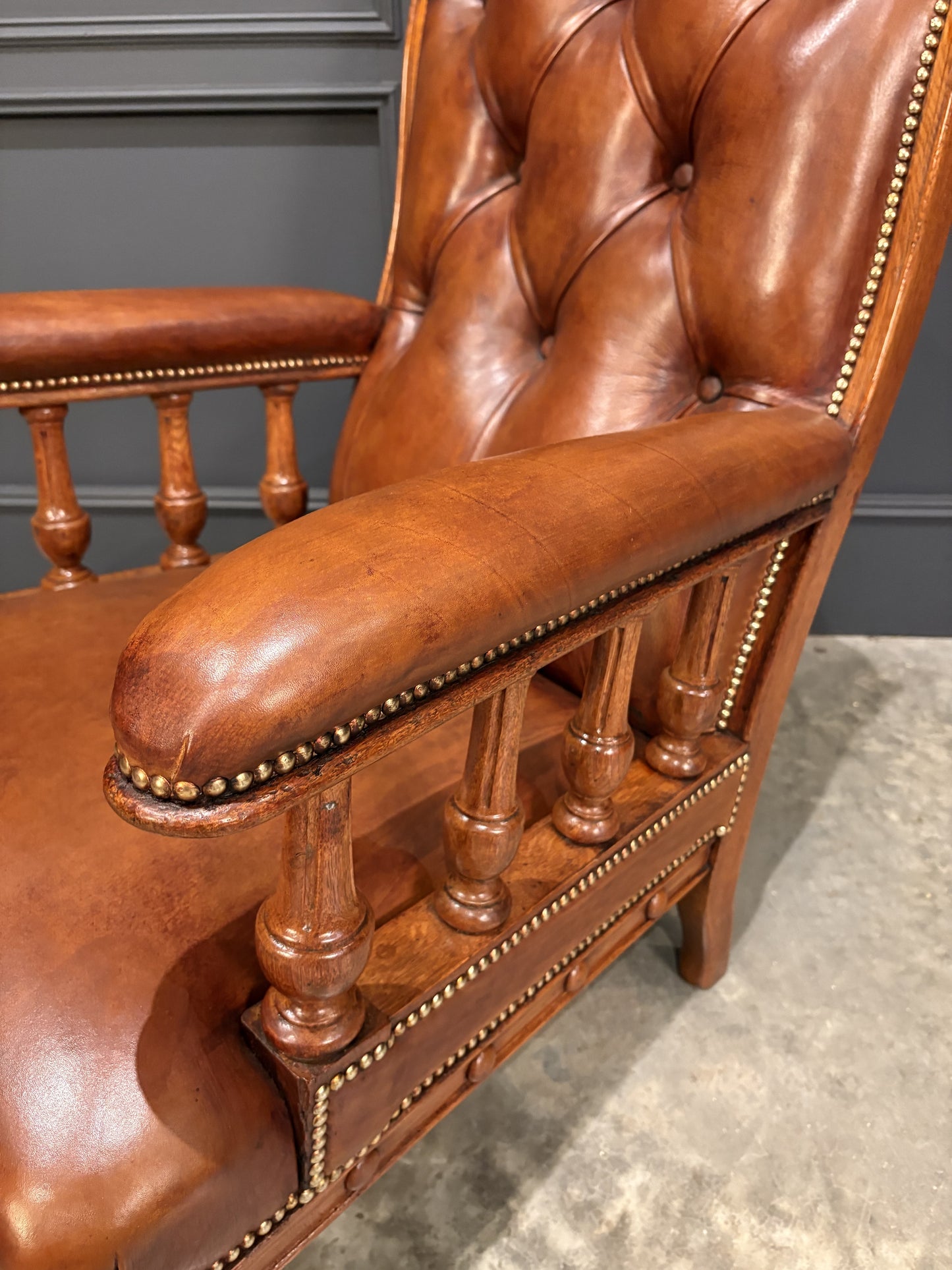 Pair Of Oak & Buttoned Vintage Leather Library Armchairs