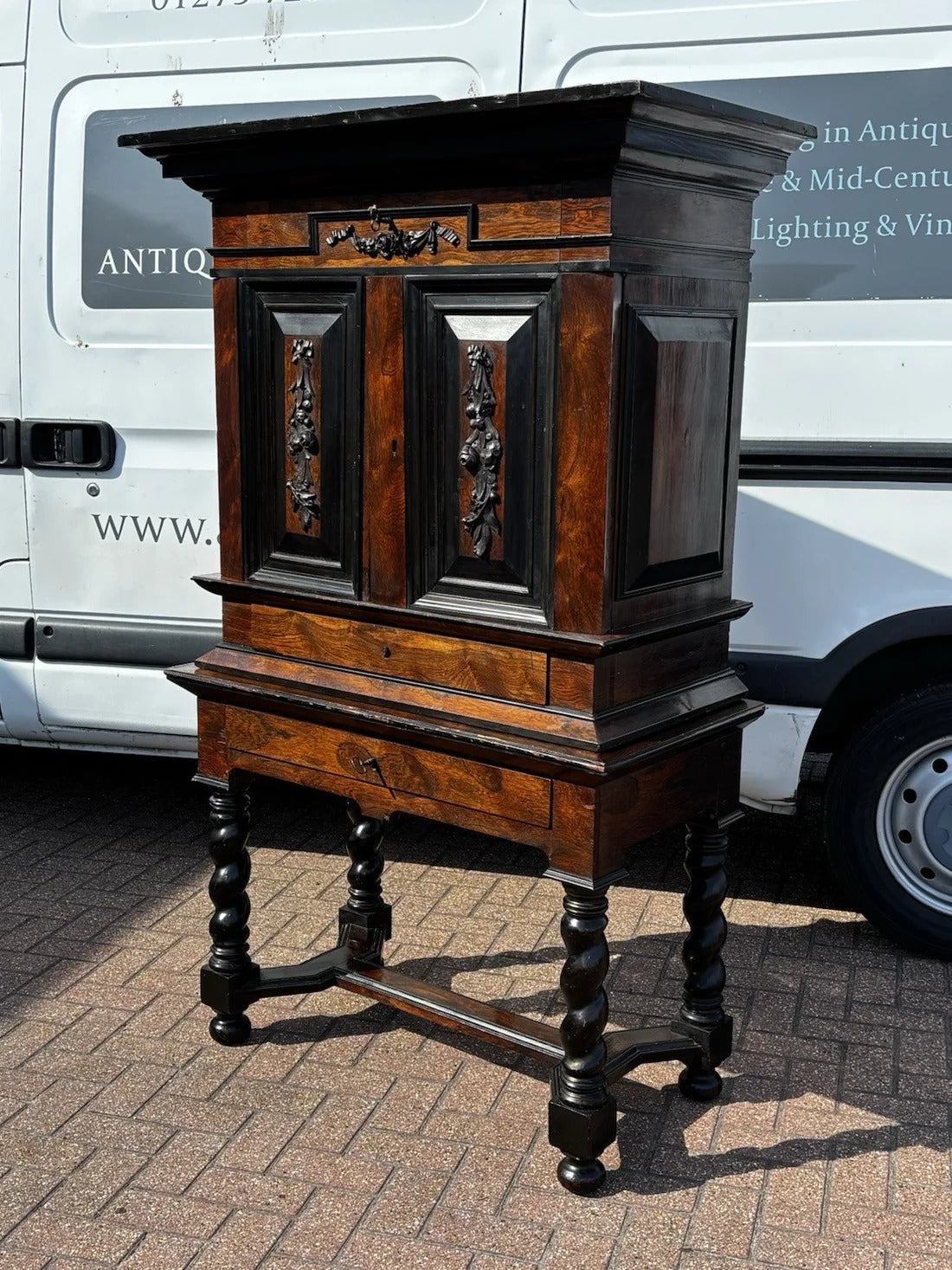 Early 18thC Gothic Antique Cabinet On Stand, Lots Of Drawers, Fitted Interior & Pigeon Holes