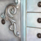 Vintage Hand-Painted Sideboard, Ornate French Style Cabinet, Oyster, Grey & Seafoam Storage Unit