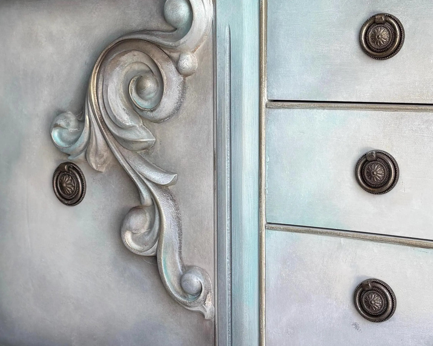 Vintage Hand-Painted Sideboard, Ornate French Style Cabinet, Oyster, Grey & Seafoam Storage Unit