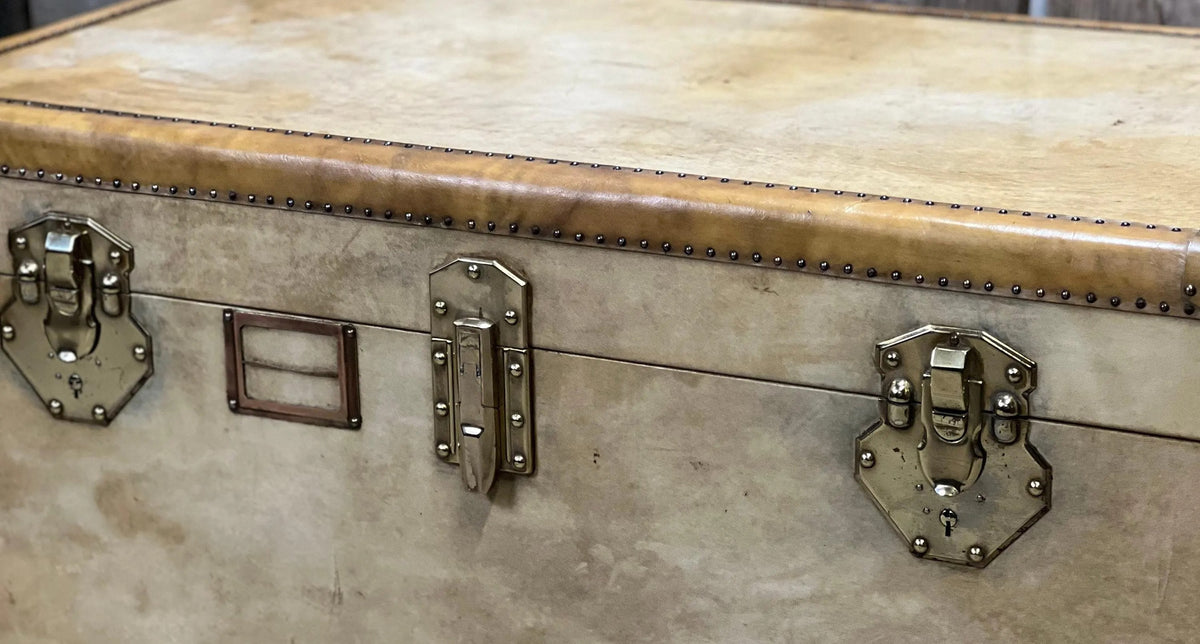 Vintage Vellum Steamer Trunk, 1920s Brass Bound Chest Ottoman