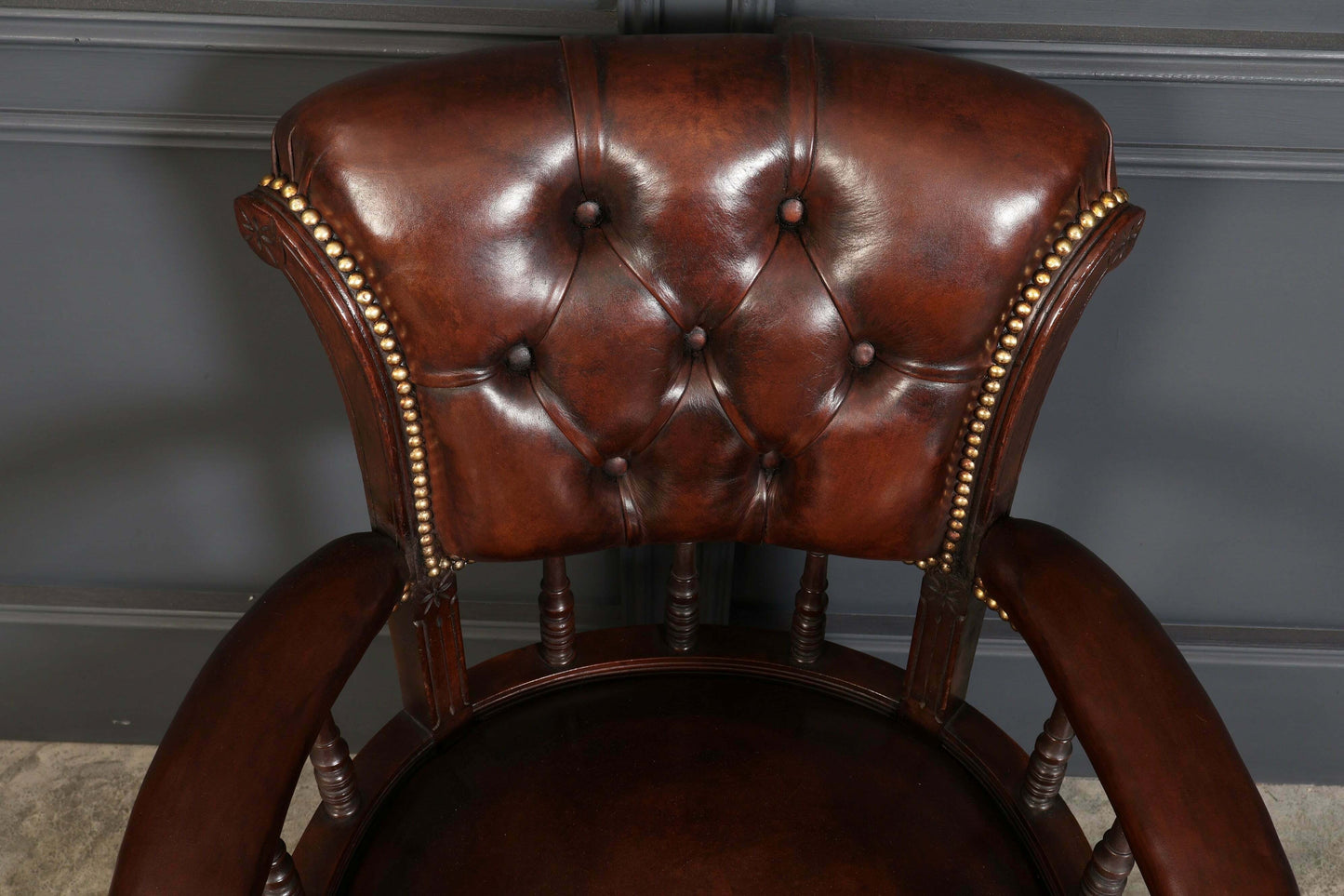 Pair Of Vintage Victorian Mahogany & Buttoned Leather Captains Desk Chairs