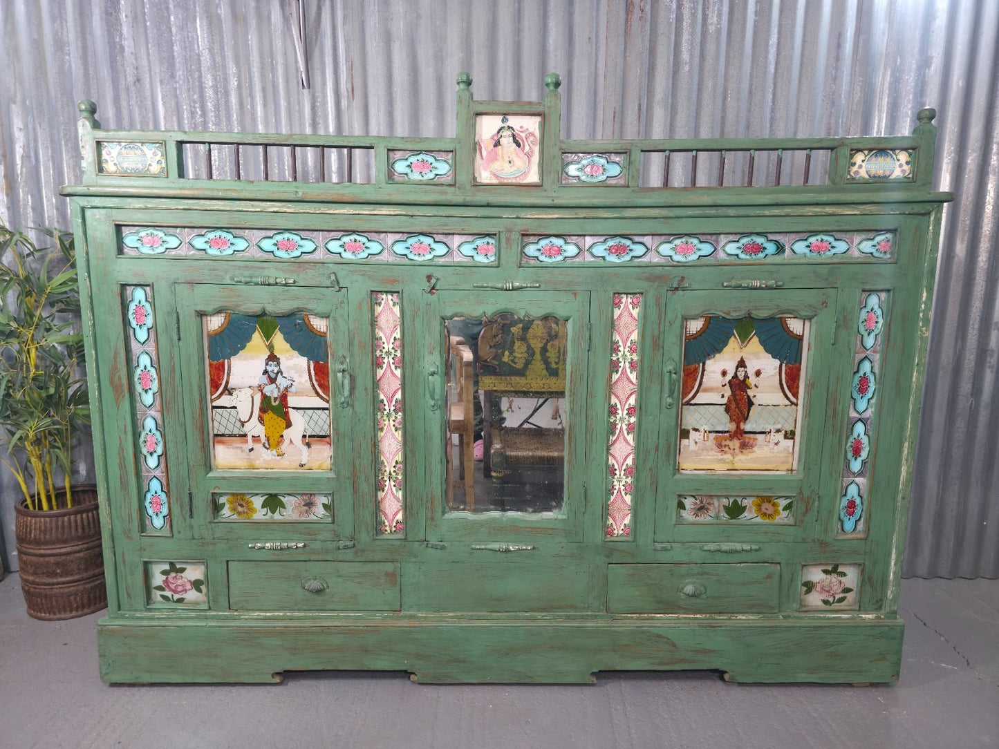 Green Vintage Indian Colonial Solid Wooden Glazed Sideboard Drinks Cabinet