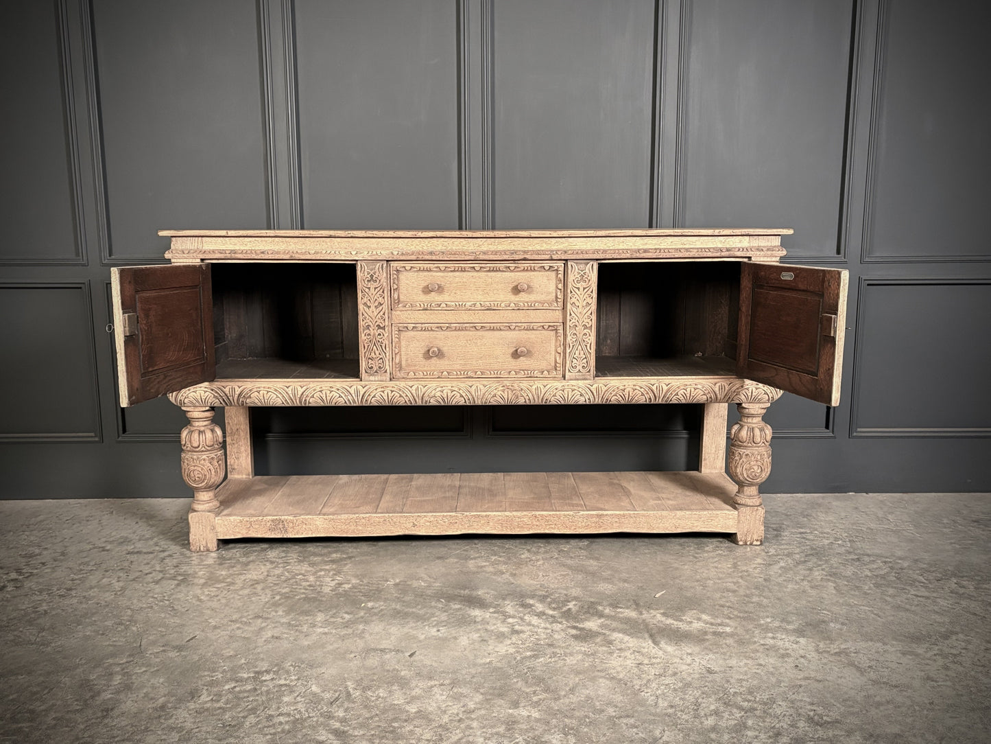 Carved Bleached Antique Oak Carved Sideboard