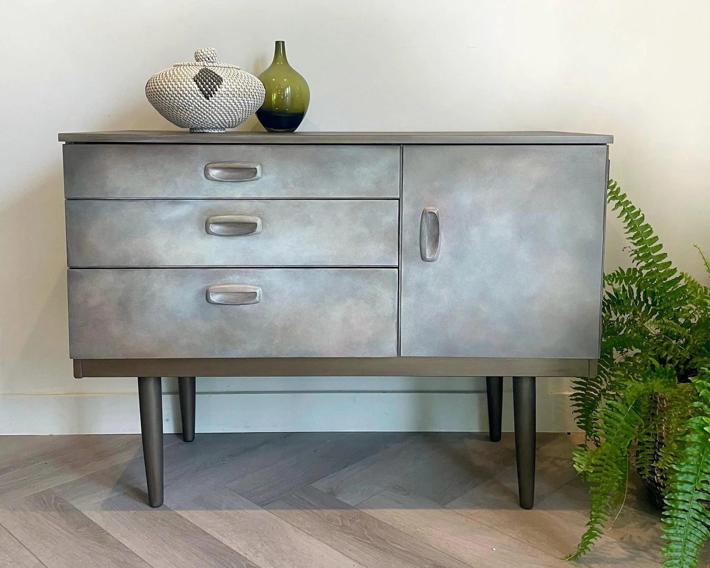 Mid Century Sideboard Hand Painted. Faux Concrete Cabinet, Upcycled Media Console