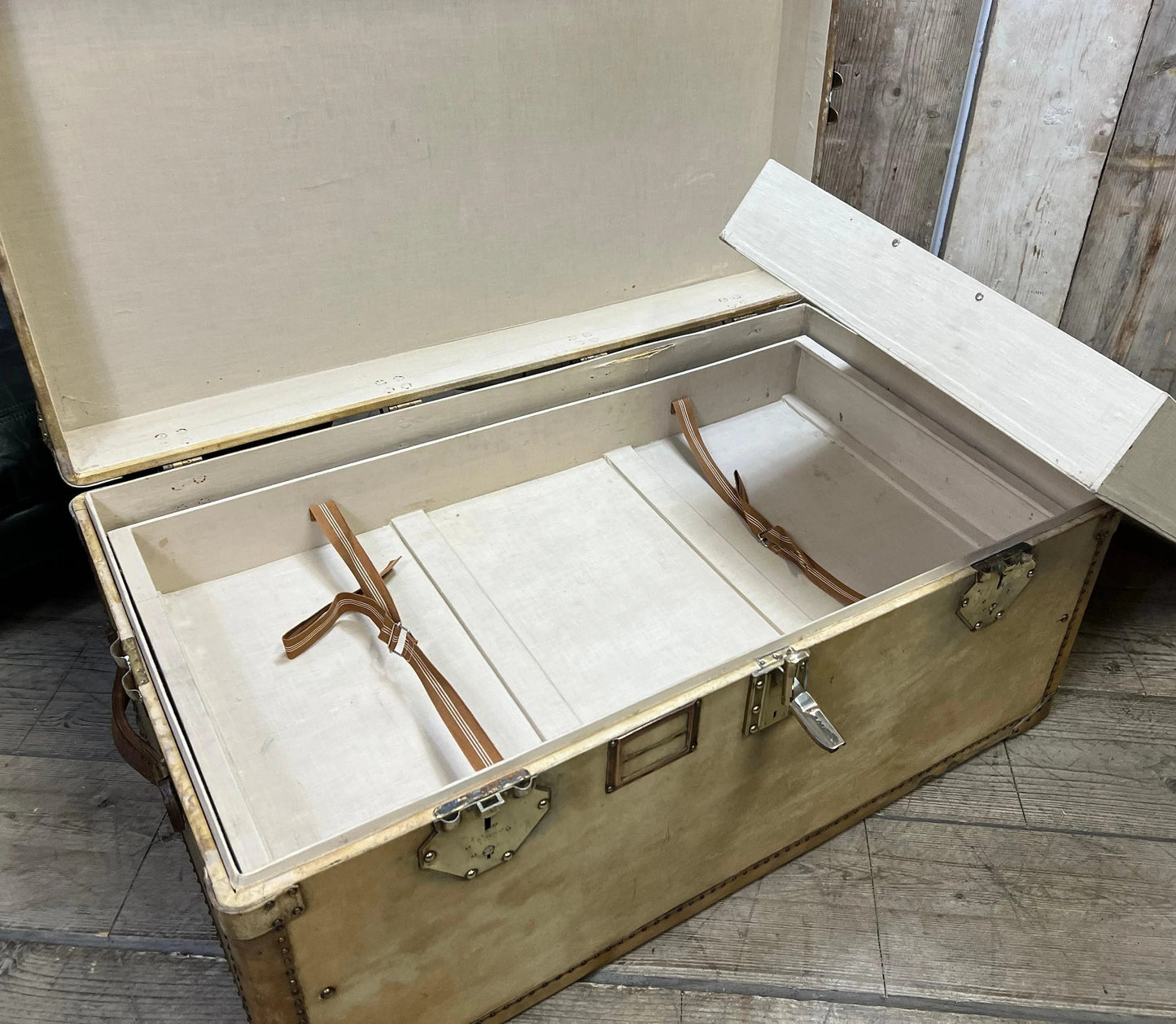 Vintage Vellum Steamer Trunk, 1920s Brass Bound Chest Ottoman