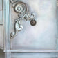 Vintage Hand-Painted Sideboard, Ornate French Style Cabinet, Oyster, Grey & Seafoam Storage Unit