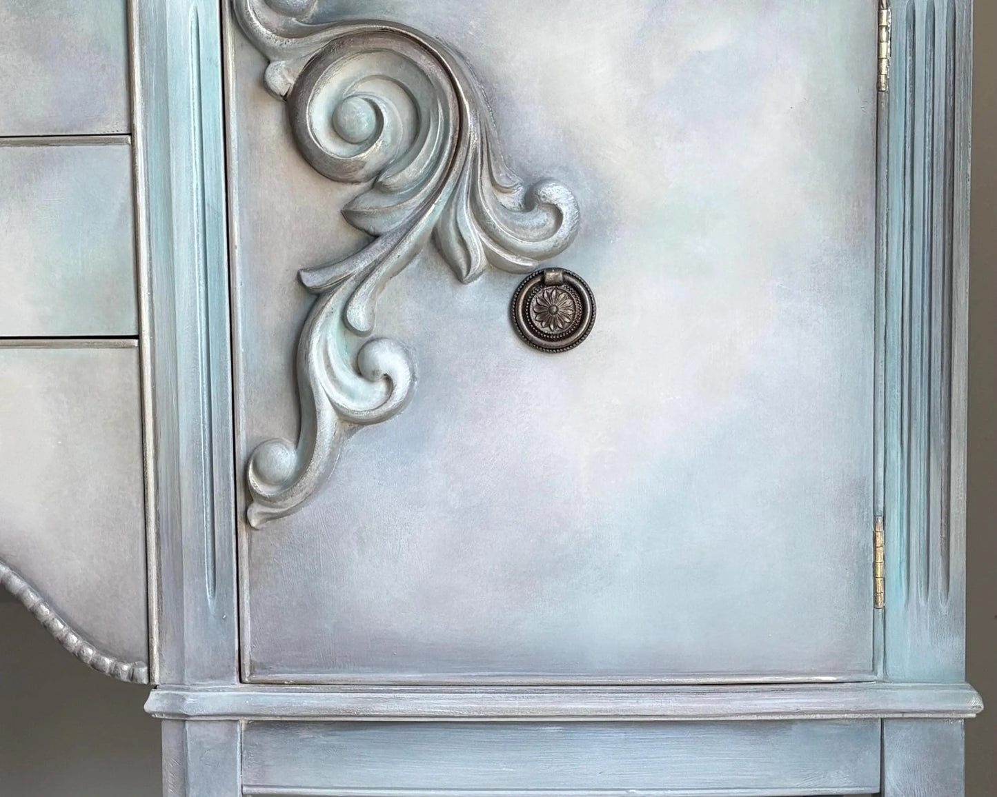 Vintage Hand-Painted Sideboard, Ornate French Style Cabinet, Oyster, Grey & Seafoam Storage Unit