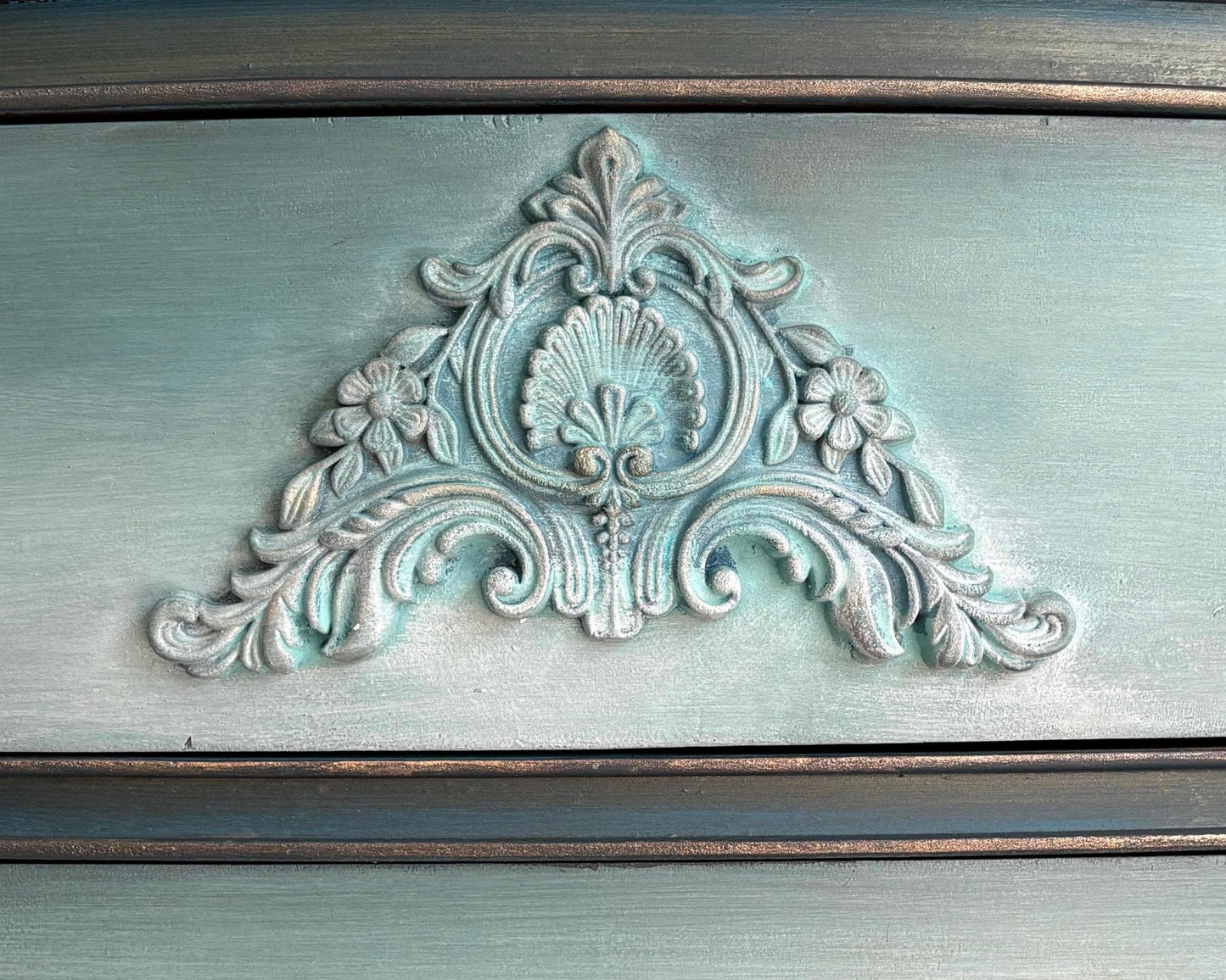 Dark Green, Blue & Metallic Vintage Chest of Drawers, Bow Fronted Mahogany