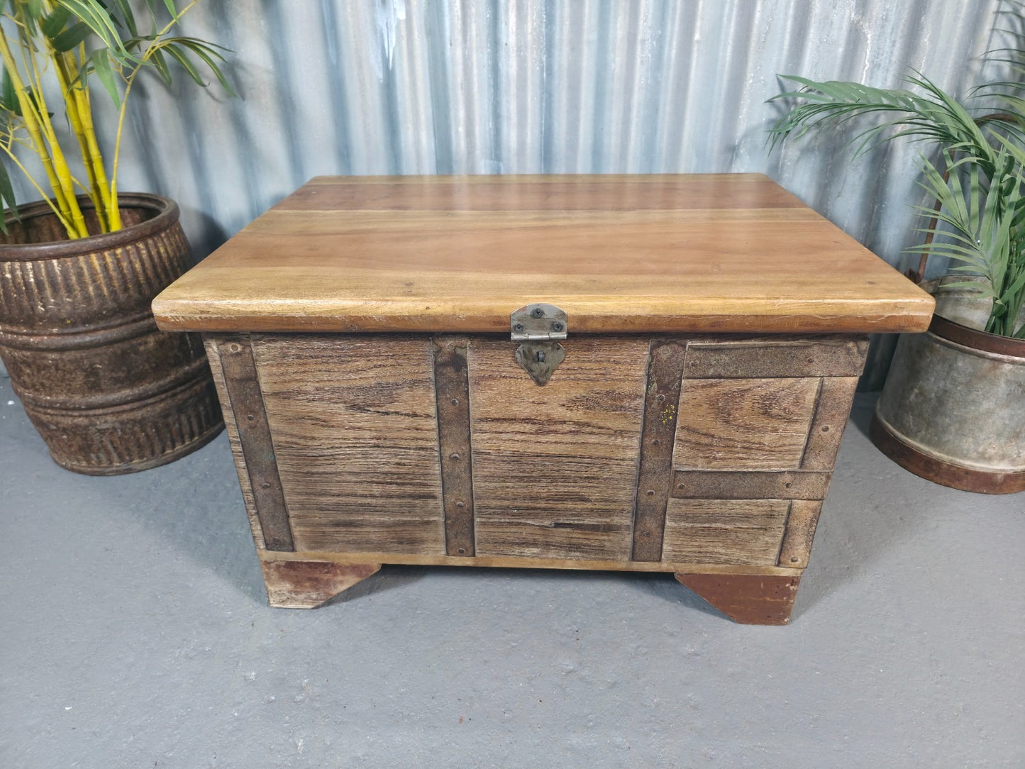 Vintage Rustic Indian Solid Wooden Dowry Chest Coffee Side Table Trunk