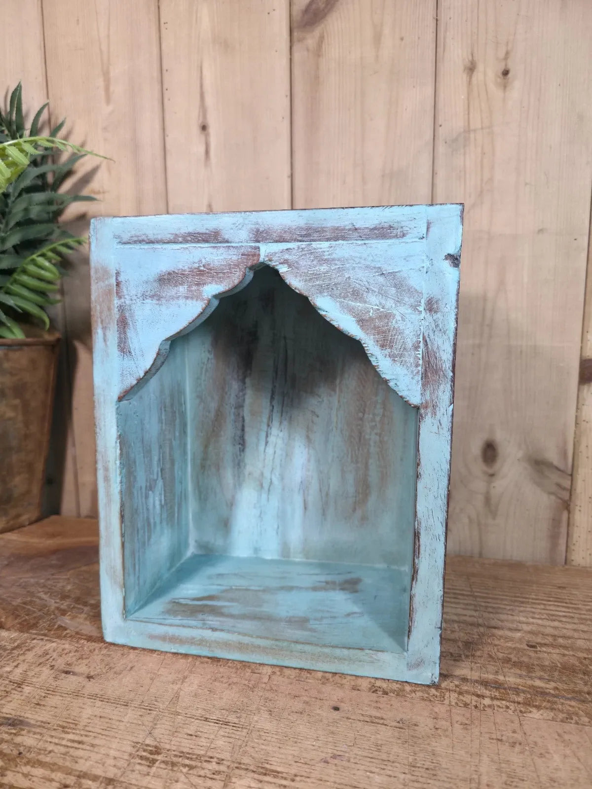 Vintage Rustic Reclaimed Indian Wooden Arched Temple Shelf Wall Display Shelves