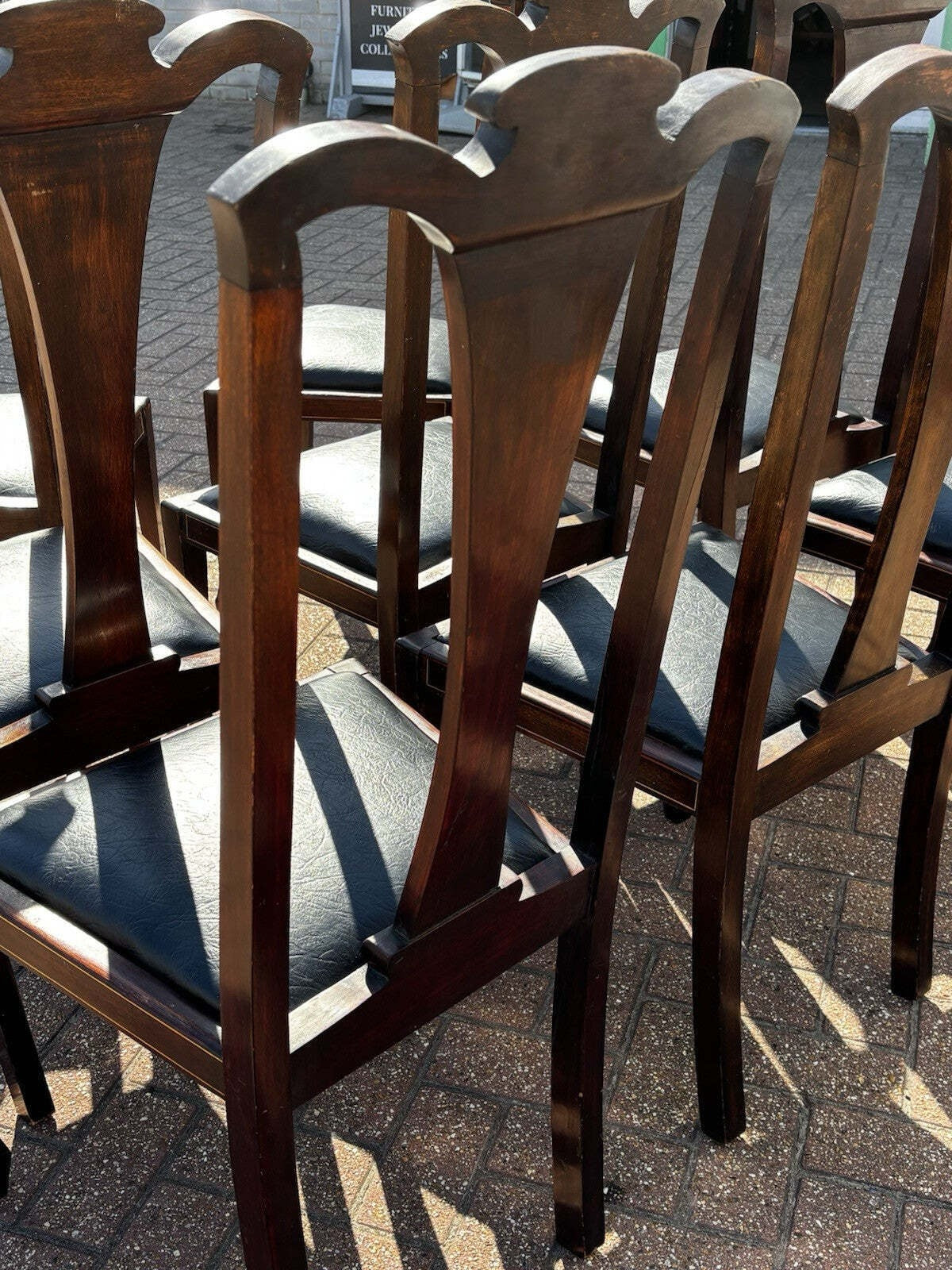Set of 8 Art Noveau Marquetry Inlaid Mahogany Dining Chairs, New Upholstery.
