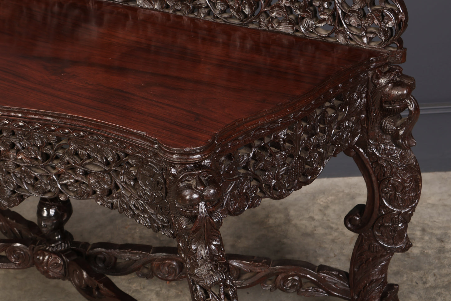 Antique Gothic Burmese Carved Padauk Wood Side Table