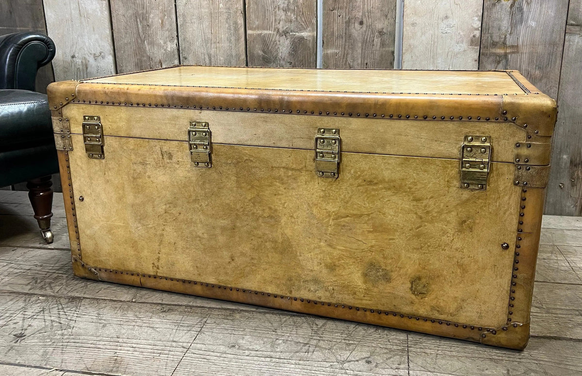 Vintage Vellum Steamer Trunk, 1920s Brass Bound Chest Ottoman