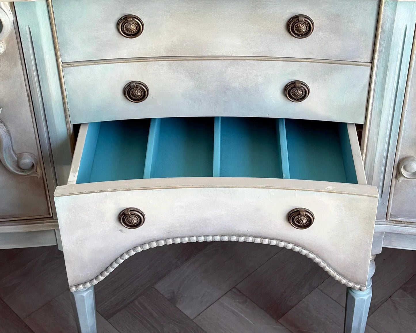 Vintage Hand-Painted Sideboard, Ornate French Style Cabinet, Oyster, Grey & Seafoam Storage Unit
