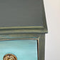 Dark Green, Blue & Metallic Vintage Chest of Drawers, Bow Fronted Mahogany