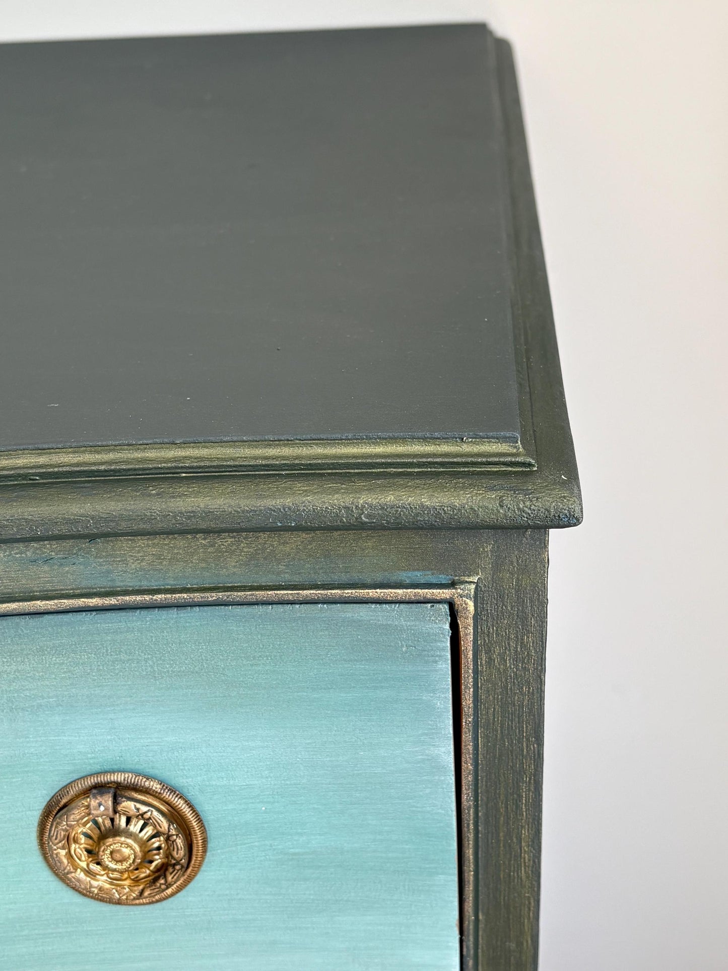 Dark Green, Blue & Metallic Vintage Chest of Drawers, Bow Fronted Mahogany