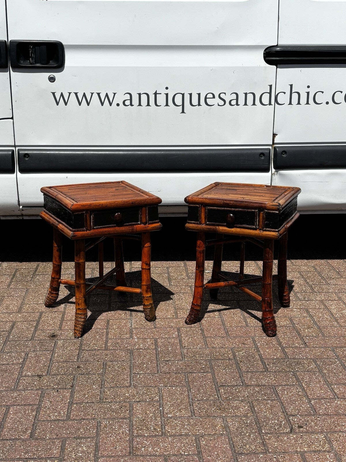 Pair Vintage Bamboo Bedside Tables, Lamp Tables, Side Tables. Each With Drawer.
