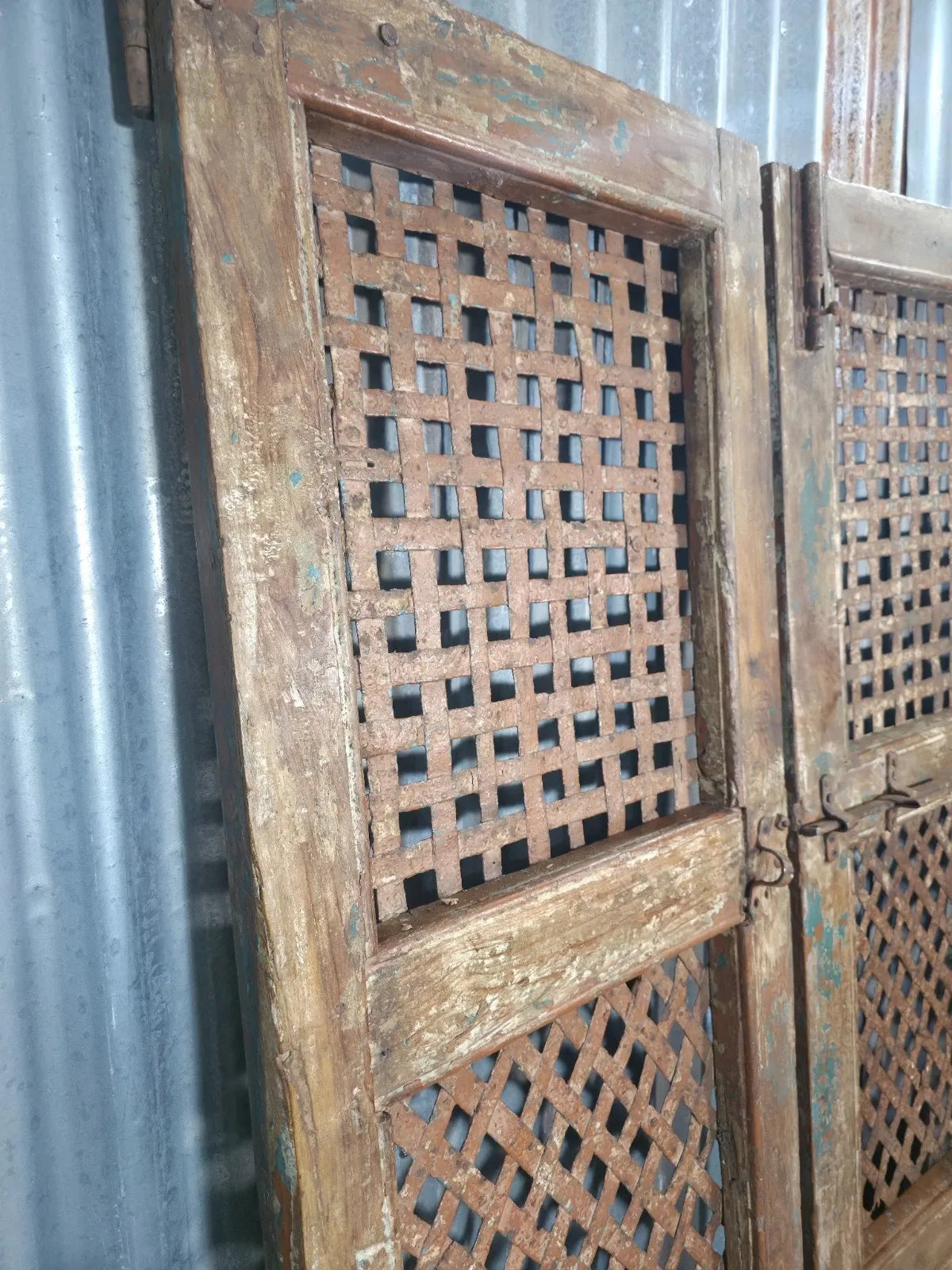 Pair Vintage Rustic Indian Wooden Iron Doors Garden Gates Room Divider Screen