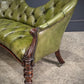 Vintage Victorian Green Buttoned Leather Double Spoon Back Sofa