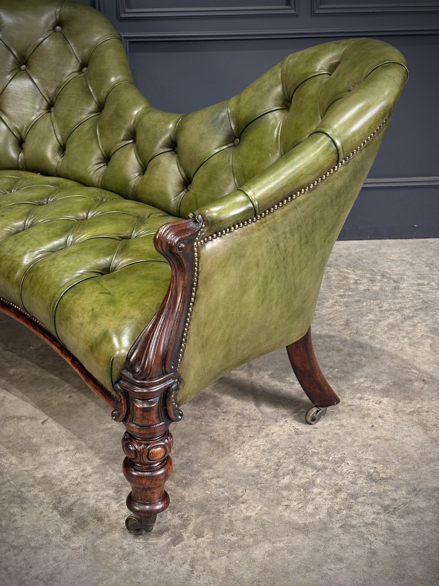 Vintage Victorian Green Buttoned Leather Double Spoon Back Sofa