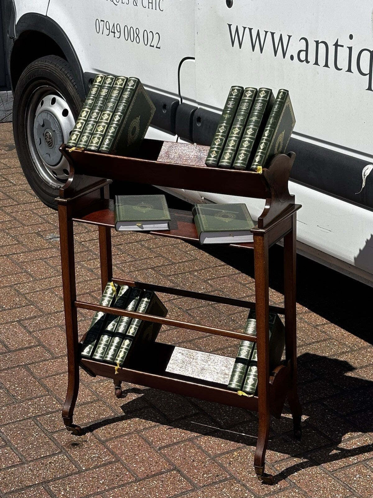 Edwardian Mahogany Book Trough On Brass Castors. Small Bookcase.