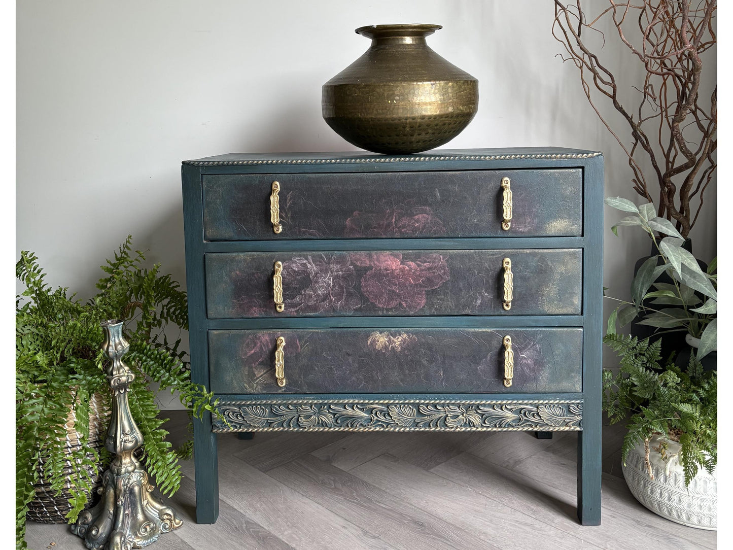 Dark Green and Floral Vintage Oak Chest of Drawers | Hand Painted Dresser