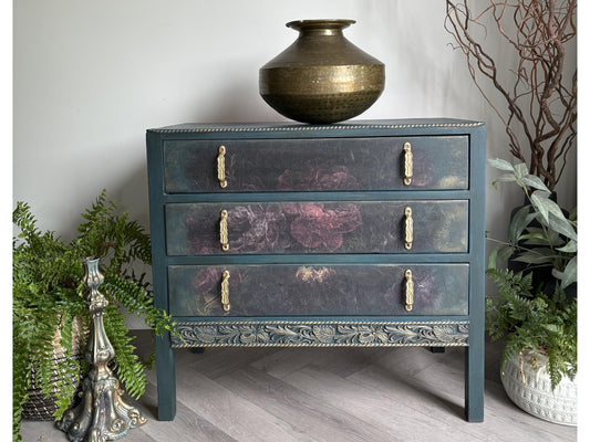 Dark Green and Floral Vintage Oak Chest of Drawers | Hand Painted Dresser