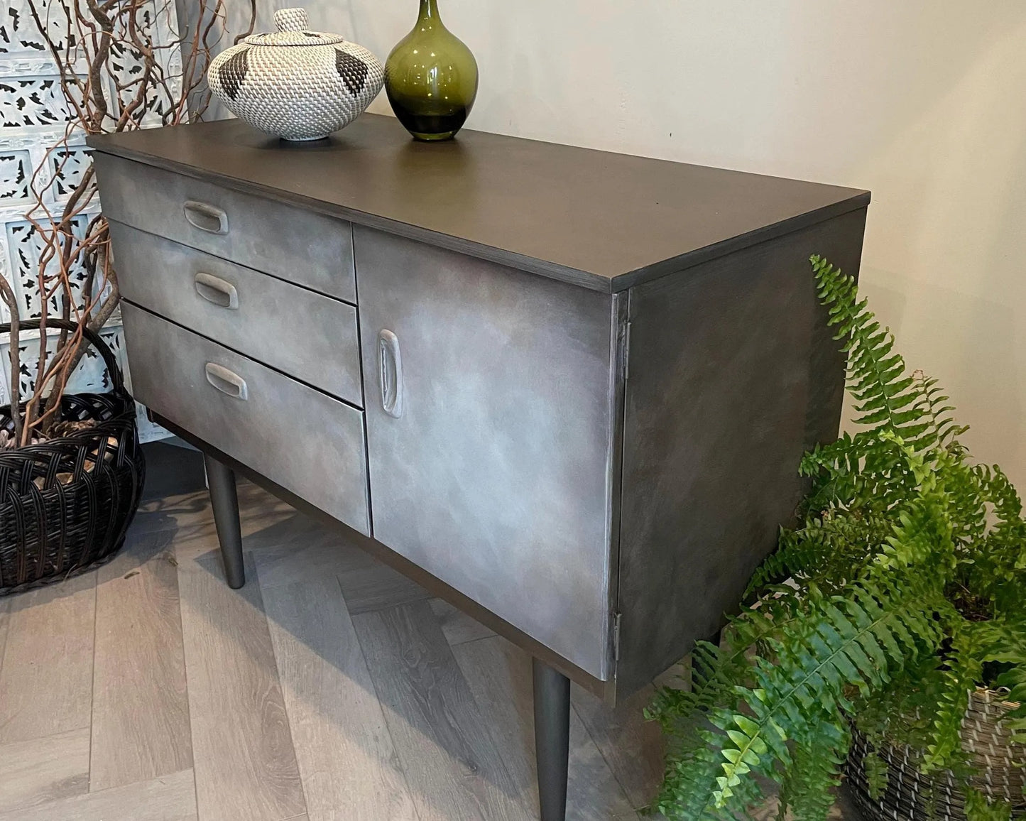 Mid Century Sideboard Hand Painted. Faux Concrete Cabinet, Upcycled Media Console