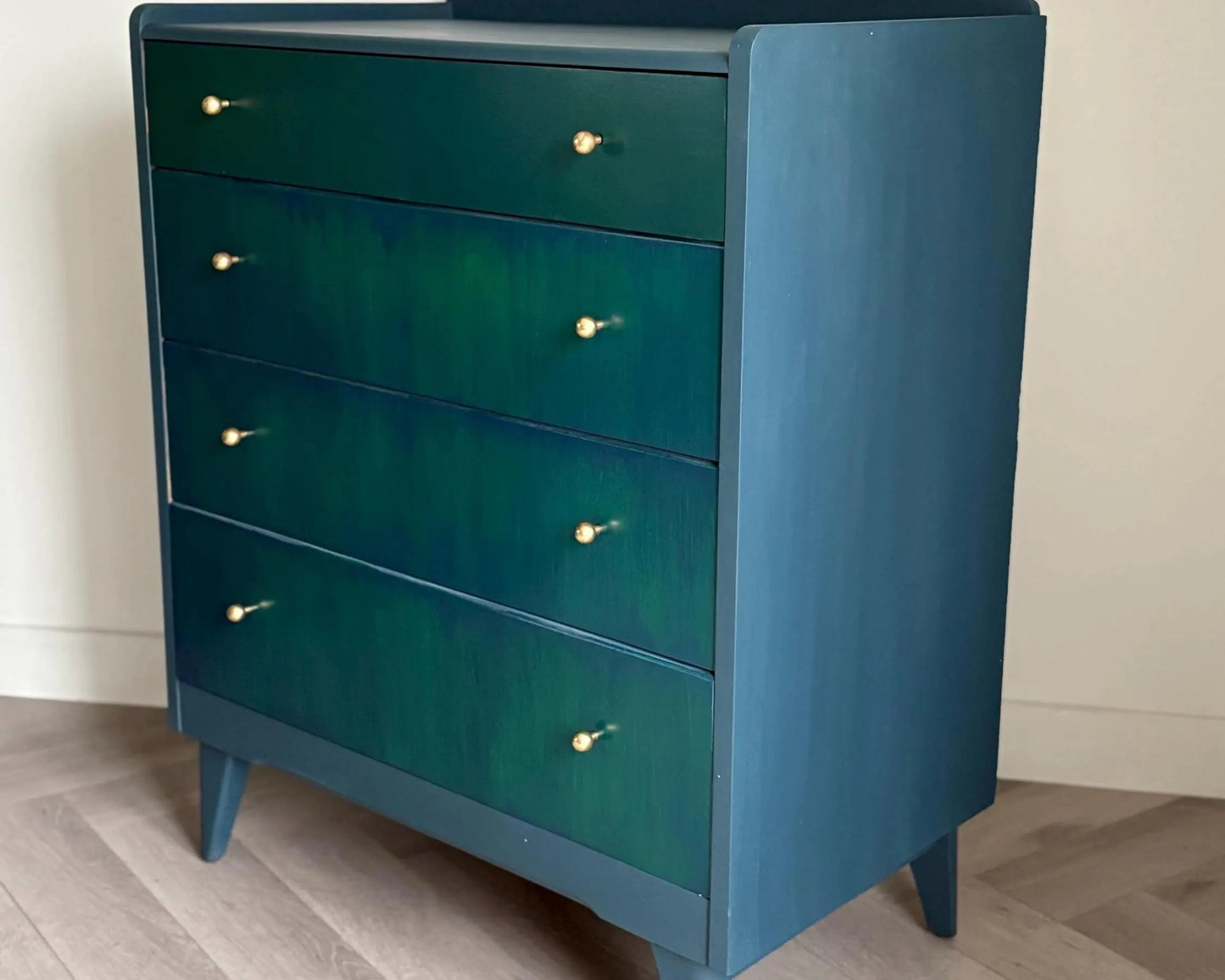 Green Blue & Teal Lebus Chest of Drawers. Vintage Upcycled Mid-Century Furniture