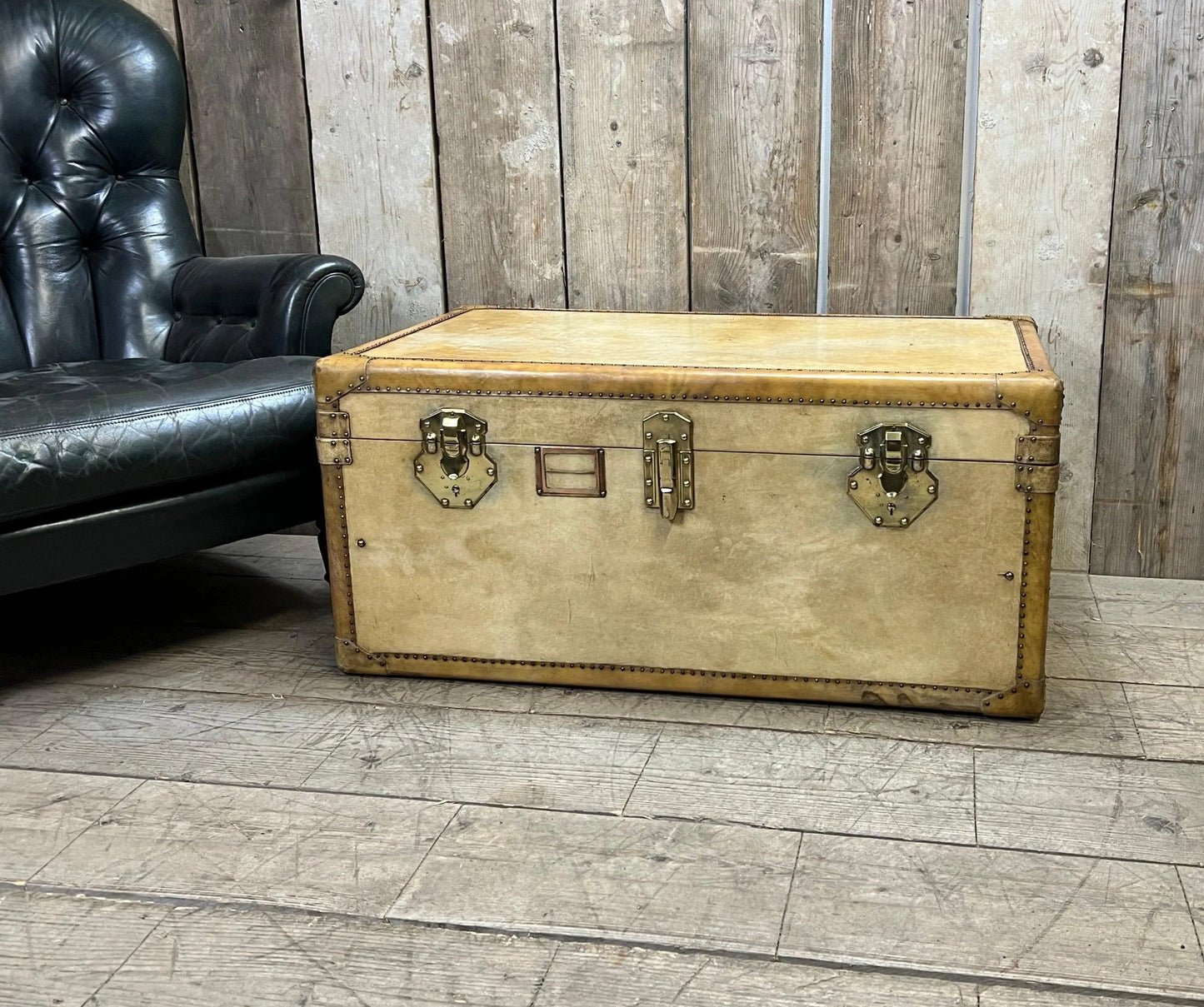 Vintage Vellum Steamer Trunk, 1920s Brass Bound Chest Ottoman