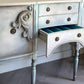 Vintage Hand-Painted Sideboard, Ornate French Style Cabinet, Oyster, Grey & Seafoam Storage Unit