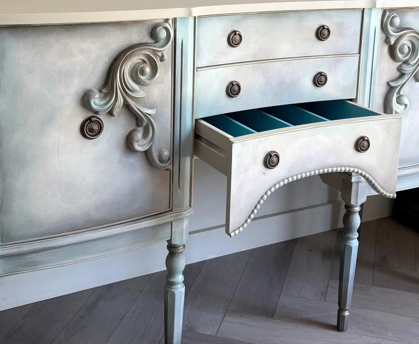 Vintage Hand-Painted Sideboard, Ornate French Style Cabinet, Oyster, Grey & Seafoam Storage Unit