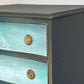 Dark Green, Blue & Metallic Vintage Chest of Drawers, Bow Fronted Mahogany